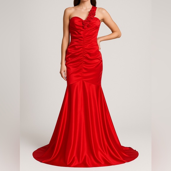 Dresses & Skirts - Red Satin One-Shoulder Mermaid Gown Prom wedding evening Dress party– Size 4-6